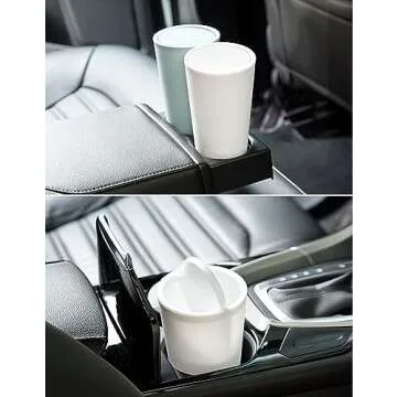 SSNNUU Car Trash Can with Lid, Mini Leakproof Trash Bin on Cup Holder, 400ML PP Plastic Car Garbage Can for Home, Office (Beige)