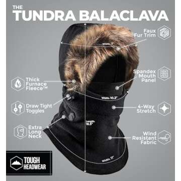Tough Headwear Balaclava Ski Mask for Men and Women - Heavyweight Fleece Winter Shiesty Cover - Extreme Cold Weather Full Face Masks - Skiing & Snowboarding Snow Gear - Fur