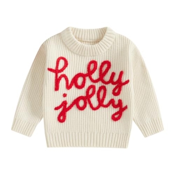 Baby Christmas Sweater Boy Girl Chunky Knit Long Sleeve Crewneck Embroidery Sweatshirt Toddler Pullover Tops (Holly Jolly-White, 2-3T)