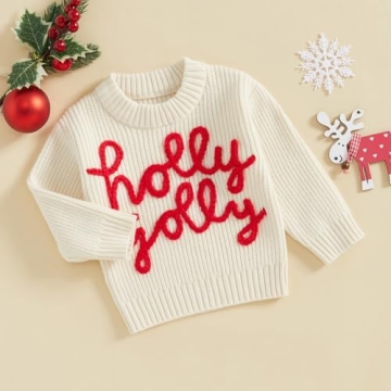 Baby Christmas Sweater Boy Girl Chunky Knit Long Sleeve Crewneck Embroidery Sweatshirt Toddler Pullover Tops (Holly Jolly-White, 2-3T)
