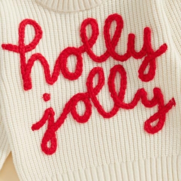 Baby Christmas Sweater Boy Girl Chunky Knit Long Sleeve Crewneck Embroidery Sweatshirt Toddler Pullover Tops (Holly Jolly-White, 2-3T)