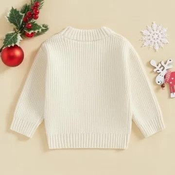 Baby Christmas Sweater Boy Girl Chunky Knit Long Sleeve Crewneck Embroidery Sweatshirt Toddler Pullover Tops (Holly Jolly-White, 2-3T)