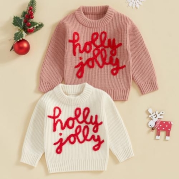 Baby Christmas Sweater Boy Girl Chunky Knit Long Sleeve Crewneck Embroidery Sweatshirt Toddler Pullover Tops (Holly Jolly-White, 2-3T)