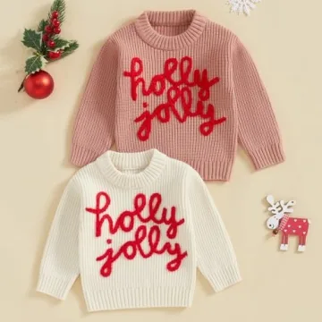 Baby Christmas Sweater Boy Girl Chunky Knit Long Sleeve Crewneck Embroidery Sweatshirt Toddler Pullover Tops (Holly Jolly-White, 2-3T)