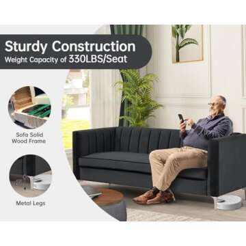 Morden Fort Velvet Office Sofa 71“W Contemporary Sofa Home Theater Seating Upholstered 3-Seater Modern Chesterfield Small Black Sofa Furniture for Living Room Office Bedroom Apartment, Black