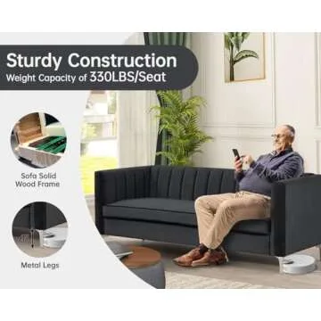 Morden Fort Velvet Office Sofa 71“W Contemporary Sofa Home Theater Seating Upholstered 3-Seater Modern Chesterfield Small Black Sofa Furniture for Living Room Office Bedroom Apartment, Black