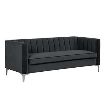 Morden Fort Velvet Office Sofa 71“W Contemporary Sofa Home Theater Seating Upholstered 3-Seater Modern Chesterfield Small Black Sofa Furniture for Living Room Office Bedroom Apartment, Black