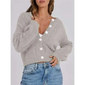 ANRABESS Women's Fuzzy Knit Cardigan - Cute Cozy Cropped Jacket for Fall & Winter