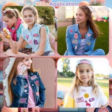 Solasocool Pink Embroidered Iron on Patches for Girls - 32 Pcs Cute Preppy Applique
