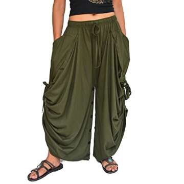 Sakoonee Women's Harem Pants Palazzo Dhoti Lounge Trousers, Convertible to a Skirt 2 Pockets Cotton, One Size, Elastic Waist Olive