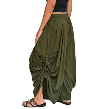Sakoonee Women's Harem Pants Palazzo Dhoti Lounge Trousers, Convertible to a Skirt 2 Pockets Cotton, One Size, Elastic Waist Olive