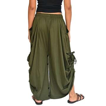 Sakoonee Women's Harem Pants Palazzo Dhoti Lounge Trousers, Convertible to a Skirt 2 Pockets Cotton, One Size, Elastic Waist Olive