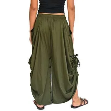 Sakoonee Women's Harem Pants Palazzo Dhoti Lounge Trousers, Convertible to a Skirt 2 Pockets Cotton, One Size, Elastic Waist Olive