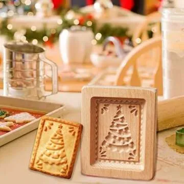 Christmas Wooden Cookie Molds, Fall Biscuit Carved Cookie Cutter, Baking Cookie Biscuit Cutter Embossing Press Stamps for Easter Thanksgiving Christmas Kitchen DIY Family Gatherings (Christmas Tree)