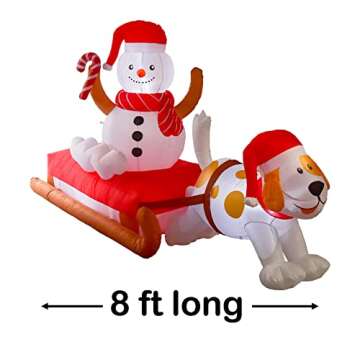 Nifti Nest 4.75 Ft Tall x 8 Ft Long Christmas Inflatable with Season's Sled, Snowman, Cute Dog, Buil...
