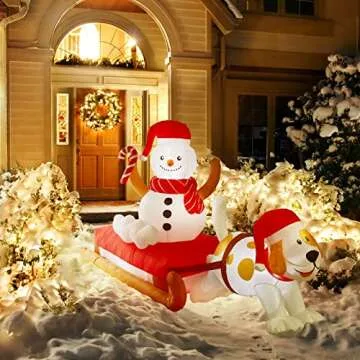 Nifti Nest 4.75 Ft Tall x 8 Ft Long Christmas Inflatable with Season's Sled, Snowman, Cute Dog, Built-in LED Lights - Outdoor/Indoor Christmas Decorations, Christmas Blowups, Lawn Party Décor