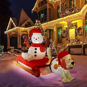 Nifti Nest 4.75 Ft Tall x 8 Ft Long Christmas Inflatable with Season's Sled, Snowman, Cute Dog, Built-in LED Lights - Outdoor/Indoor Christmas Decorations, Christmas Blowups, Lawn Party Décor