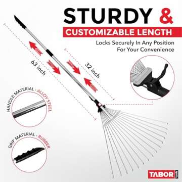 TABOR TOOLS Adjustable Metal Rake - Collapsible & Telescopic - Garden, Yard, & Lawn - Ideal for Leav...