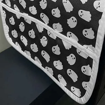 Ambesonne Ghost Microwave Oven Cover, Spooky Funny Phantom Continuous Pattern Cartoon Drawing Halloween Theme, Water Resistant Organizer with Pockets for Kitchen, 36" x 12", Dark Grey and White