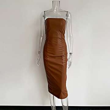 XLLAIS Women Strapless Tube Midi Dress Sexy PU Leather Bodycon Party Dress Brown Large