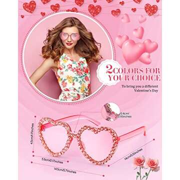 TOODOO 2 Pairs Valentine‘s Day Heart Shaped Rimless Sunglasses Heart Rhinestone Glasses for Women Transparent Heart Glasses(Pink, Rose Red)