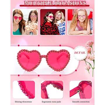 TOODOO 2 Pairs Valentine‘s Day Heart Shaped Rimless Sunglasses Heart Rhinestone Glasses for Women Transparent Heart Glasses(Pink, Rose Red)
