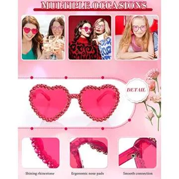 TOODOO 2 Pairs Valentine‘s Day Heart Shaped Rimless Sunglasses Heart Rhinestone Glasses for Women Transparent Heart Glasses(Pink, Rose Red)