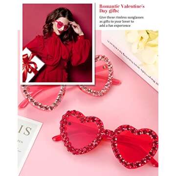 TOODOO 2 Pairs Valentine‘s Day Heart Shaped Rimless Sunglasses Heart Rhinestone Glasses for Women Transparent Heart Glasses(Pink, Rose Red)