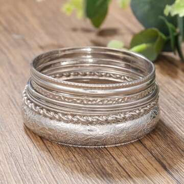 RINTOLER 10Pcs Silver Bangle Bracelets Set for Women - Chunky Silver Banlges Stackable Textured Bracelets Boho Jewelrys for Women. (J-Set 10pc Chunky Silver)