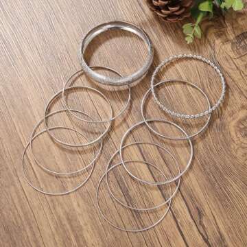RINTOLER 10Pcs Silver Bangle Bracelets Set for Women - Chunky Silver Banlges Stackable Textured Bracelets Boho Jewelrys for Women. (J-Set 10pc Chunky Silver)