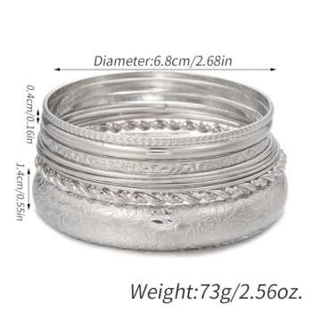 RINTOLER 10Pcs Silver Bangle Bracelets Set for Women - Chunky Silver Banlges Stackable Textured Bracelets Boho Jewelrys for Women. (J-Set 10pc Chunky Silver)