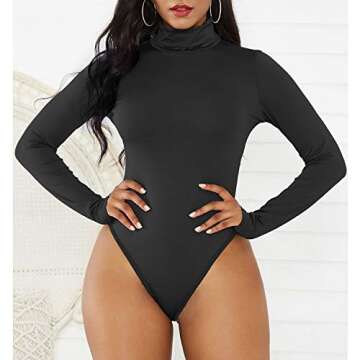 Zando Bodysuit for Women Mock Turtleneck Long Sleeve White Sexy Bodysuits Lingerie Women Stretchy Leotard Jumpsuit