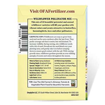 The Old Farmer's Almanac Premium Wildflower Seeds (23 Variety Pollinator Mix) - Non-GMO, Open Pollinated - Columbine Cosmos Foxglove Larkspur Poppy Snapdragon Zinnia... Attracts Butterflies Bees Birds