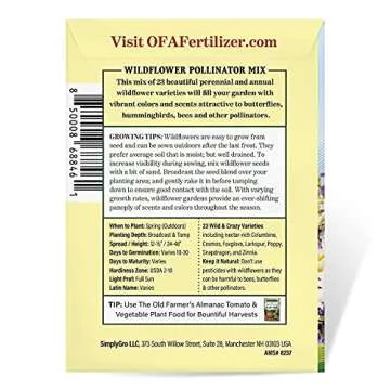 The Old Farmer's Almanac Premium Wildflower Seeds (23 Variety Pollinator Mix) - Non-GMO, Open Pollinated - Columbine Cosmos Foxglove Larkspur Poppy Snapdragon Zinnia... Attracts Butterflies Bees Birds