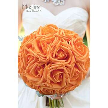 MACTING 30PCS Artificial Rose Flowers Real Touch Fake Flowers with Stem Orange Foam Roses for DIY Crafts Wedding Bouquets Table Centerpieces Party Home Decorations