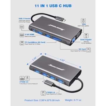 Hiearcool USB C Hub, USB-C Laptop Docking Station, 11IN1 Triple Display Type C Adapter Compatible for Dell Hp Lenovo Windows (2HDMI VGA PD3.0 SD TF Card Reader Gigabit Ethernet 4USB Ports)
