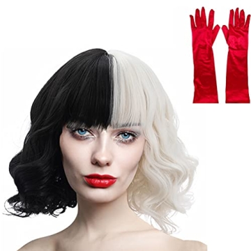Rauoawby Women Black and White Wigs with for Cruella de Vil Cosplay Curly Bob Hair with Red Satin Opera Gloves for Girls Dress Up Birthday Gift (Black and White)