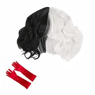 Rauoawby Women Black and White Wigs with for Cruella de Vil Cosplay Curly Bob Hair with Red Satin Opera Gloves for Girls Dress Up Birthday Gift (Black and White)