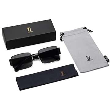 SOJOS Retro Fashion Rectangle Sunglasses Womens Mens Vintage Trendy Square Shades SJ1162, Black/Grey