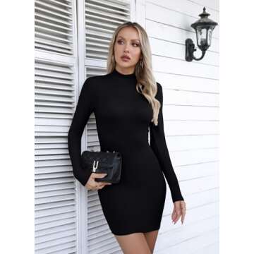 Valiamcep Long Sleeve Bodycon Dress for Women Mock Neck Slim Fit Ribbed Knitted Stretchable Elasticity Mini Dress Turtleneck Basic Casual Dress Black S