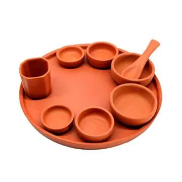 KLEO - Clay Terracotta Dinner Thali Plate with Bowls Bhojan Thali | Earthenware Plate Dinner Thali Set - 9 Pcs Set