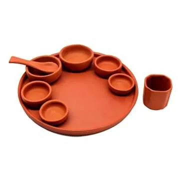 KLEO - Clay Terracotta Dinner Thali Plate with Bowls Bhojan Thali | Earthenware Plate Dinner Thali Set - 9 Pcs Set