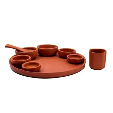 KLEO - Clay Terracotta Dinner Thali Plate with Bowls Bhojan Thali | Earthenware Plate Dinner Thali Set - 9 Pcs Set