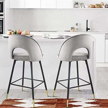 Modern Velvet Counter Height Bar Stools Set of 2 - Bar Stool Chairs 39 inches Barstools with Open Ba...