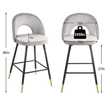Modern Velvet Counter Height Bar Stools Set of 2 - Bar Stool Chairs 39 inches Barstools with Open Back,Footrest,Comfy Dining Chair for Pub Coffee Home Kitchen(Grey)-1