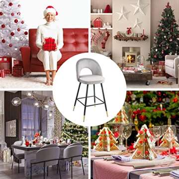 Modern Velvet Counter Height Bar Stools Set of 2 - Bar Stool Chairs 39 inches Barstools with Open Back,Footrest,Comfy Dining Chair for Pub Coffee Home Kitchen(Grey)-1