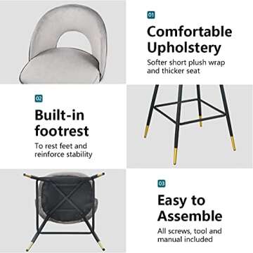 Modern Velvet Counter Height Bar Stools Set of 2 - Bar Stool Chairs 39 inches Barstools with Open Back,Footrest,Comfy Dining Chair for Pub Coffee Home Kitchen(Grey)-1