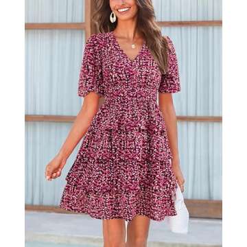 WICIWI Women Casual Summer Dress 2024 Puff Sleeve V Neck Floral Print A-Line Short Bohemian Swing Wedding Guest Dresses(Red Black Flower,XX-Large)