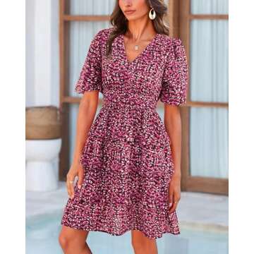 WICIWI Women Casual Summer Dress 2024 Puff Sleeve V Neck Floral Print A-Line Short Bohemian Swing Wedding Guest Dresses(Red Black Flower,XX-Large)