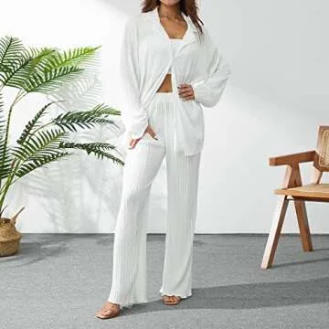 Miqil Women 2 Pieces Pants Set Loose Floral Print Button Down Long Sleeve Shirt Wide Leg Palazzo Pants Outfits Sweatsuit (B White, S)
